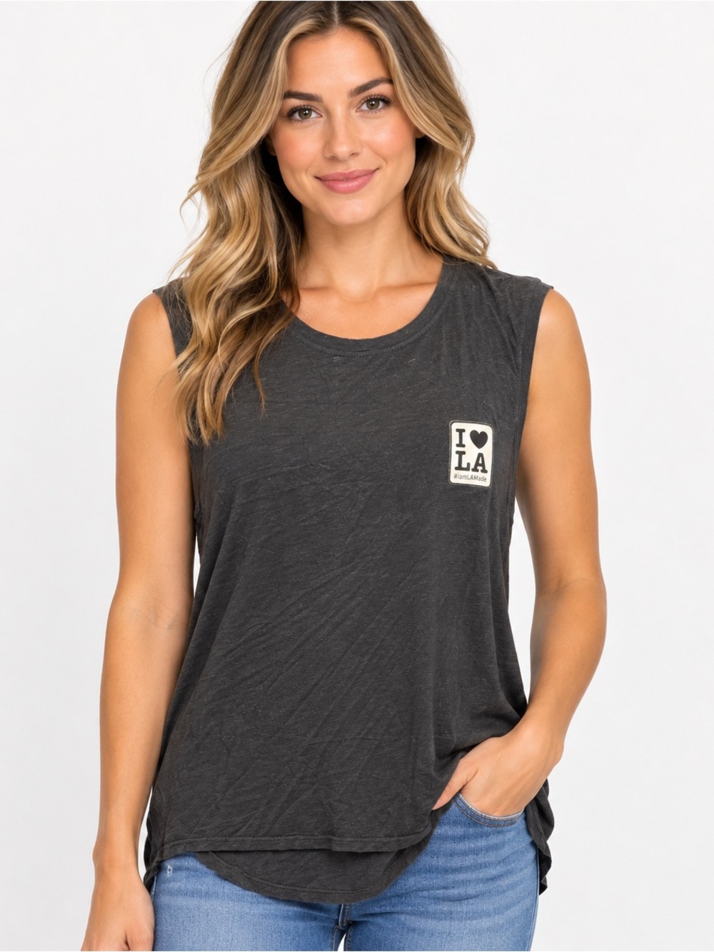 LA Made Women’s I Love LA Muscle Tank Top Charcoal Size M NWT